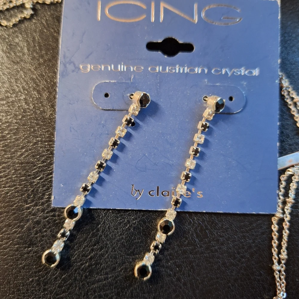 ICING Long Silver Toned Austrian Crystal Earrings & Station Necklace BLING ICE